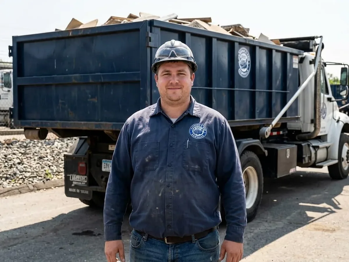 Speaking with a Harding & Son Dumpster Rental driver beside a roll-off container